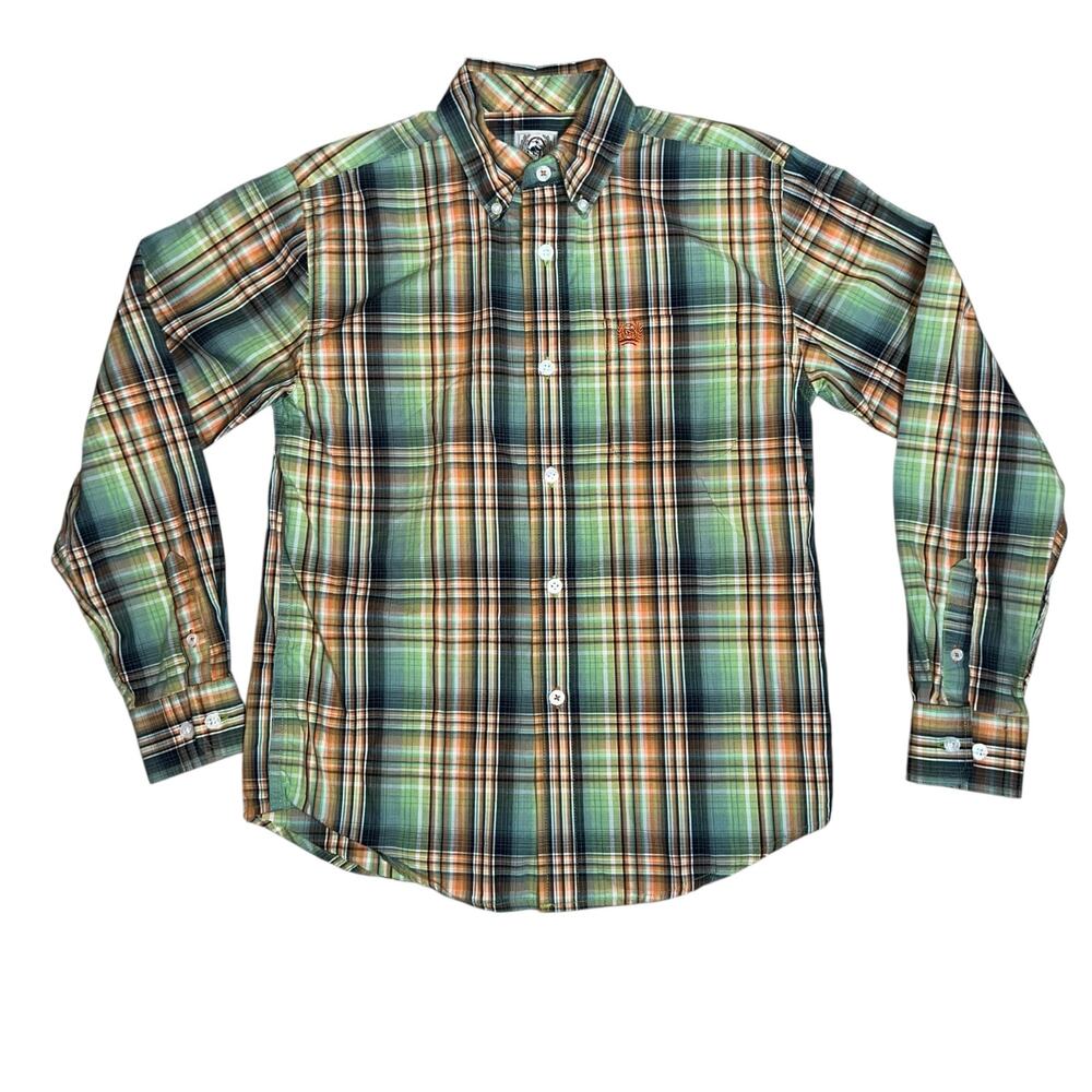Cinch western Boy's plaid Orange & Green Button Down Shirt size 10